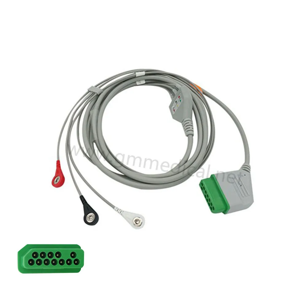 Compatible  with Nihon Kohden One Piece ECG Cable with 3-Lead Leadwires for Patient Monitor AHA,Snap.