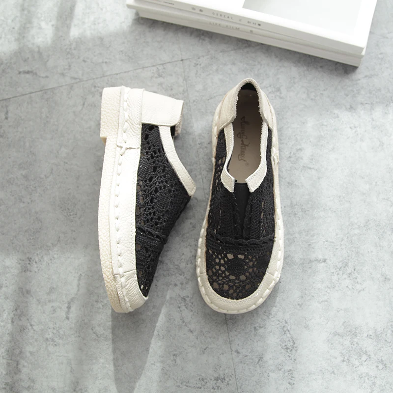 Genuine leather shoes pure handmade lazy shoes lace hook Ladies flower casual shoes Sweet art flat shoes 2color