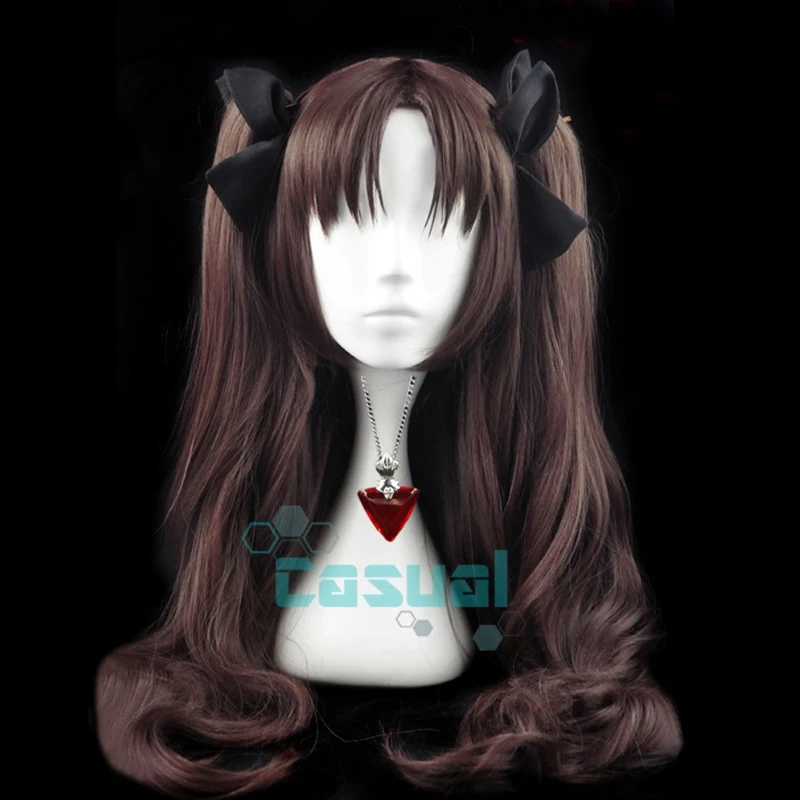 Fate/Stay Night Rin Tohsaka Brown Ponytail 80cm Long Wavy Heat Resistant Hair Cosplay Costume Wig + Ruby Necklace + 4 Hairpins