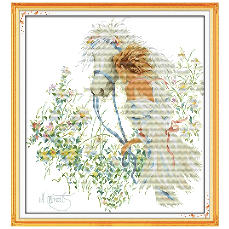 White Horse and Girl Patterns Counted Cross Stitch Set DIY 11CT 14CT 16CT Stamped DMC Cross-stitch Kit Embroidery Needlework