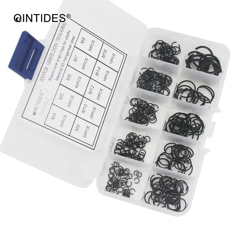 QINTIDES 300 Pieces M4 - M16 Mix Round wire snap rings for shafts snap ring retainer 65 manganese steel circlips M5 M6 M7 M8 M9