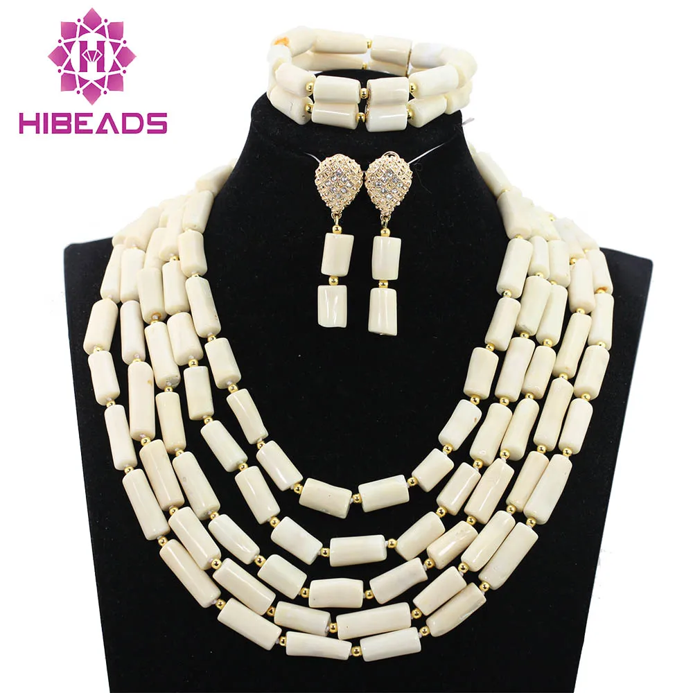 Engagement Coral Necklace Set White Coral Beads Charms 5 Layers Genuine Nigerian Jewelry Set Women Wholesale Free ShippingABH265