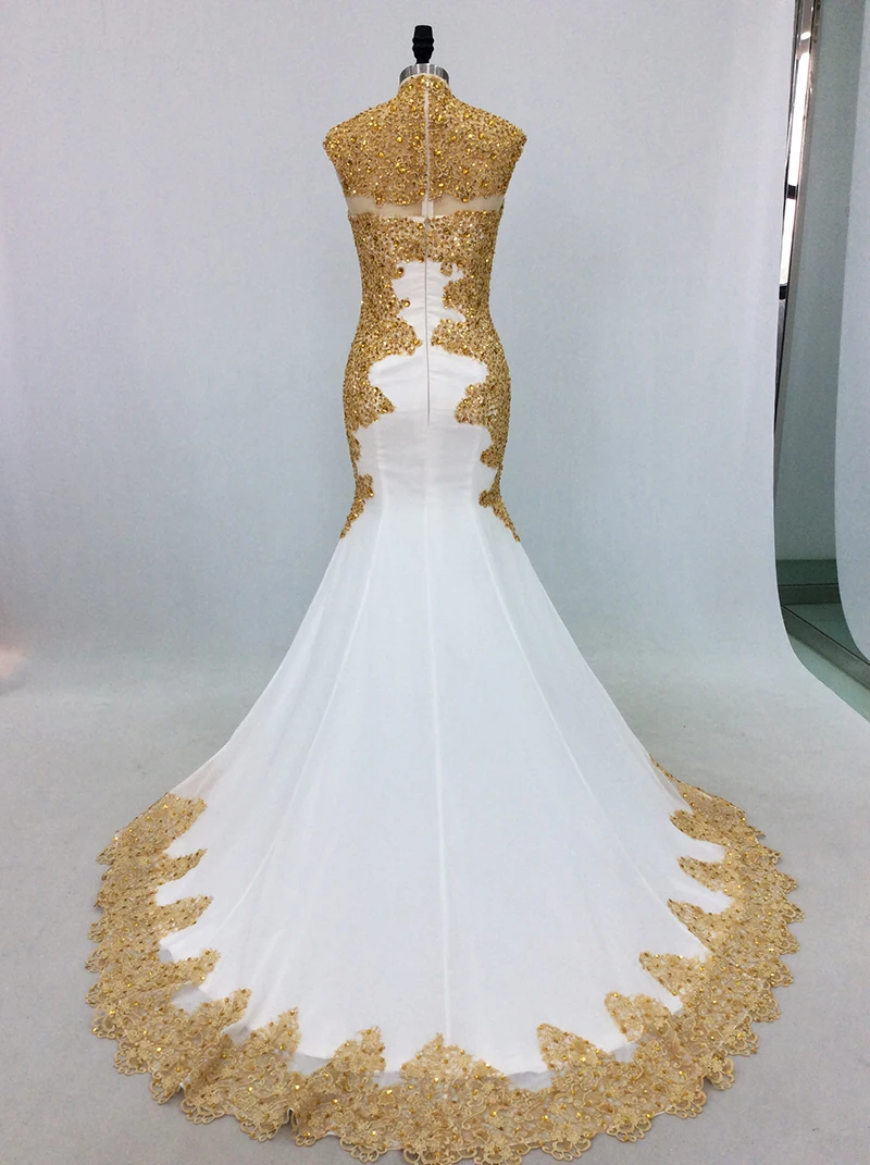 Elegant White Mermaid Evening Dresses Long 2019 High Neck Gold Embroidery Beaded Women Formal Prom Evening Gowns Abiti Da Sera image 2