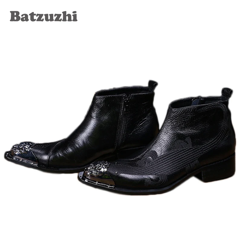 

Batzuzhi Luxury Men's Shoes Italian Style Black Leather Boots Pointed Metal Toe Designer's Shoes Men Botas Masculina, 38-46