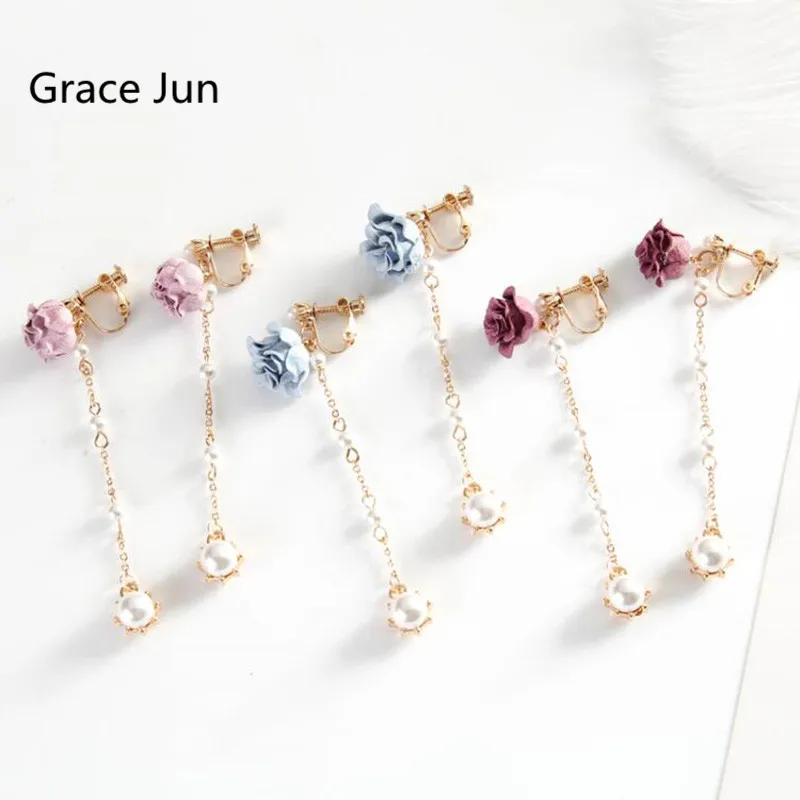 Korea Style Fashion Pearl Cloth Rose Flower Tassel Clip on Earrings No Pierced for Women Party Prom Charm Jewelry Good Gift New