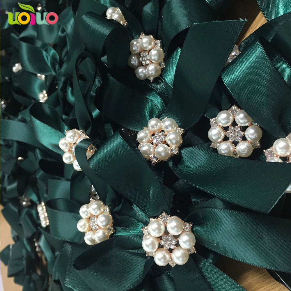 Hot sale decoration butterfly ribbon tied blackish green bow with big rhinsestone brooch buckle