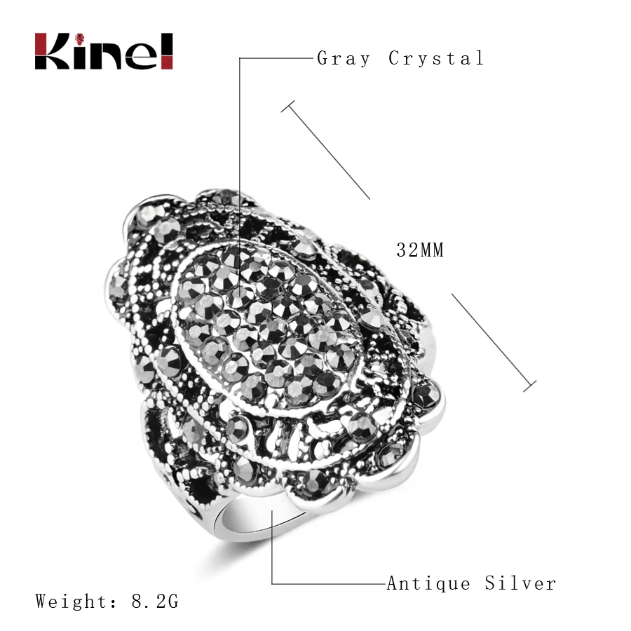 Kinel Vintage Ring Full Dark Gray Cubic Zirconia Big Rings For Women Antique Silver Color Crystal Jewelry Anel Size 7 8 9 10