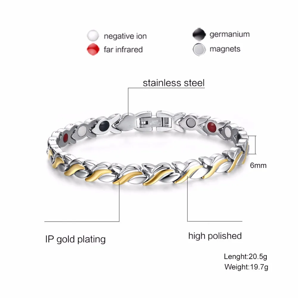 Vinterly Magnetic Bracelets for Women Chain Health Energy Germanium Hologram Gold-color Stainless Steel Jewelry Women Waterproof