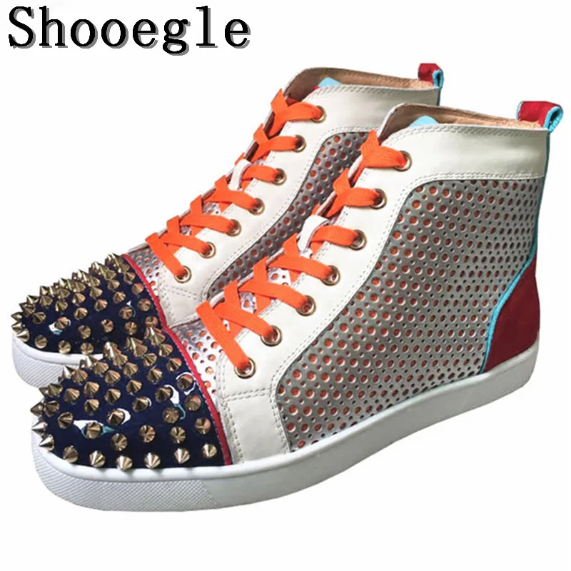 

SHOOEGLE Colorful Patchwork Rivets Men Shoes Fashion Studs Lace-up Sneakers Men Hightop Flat Casual Shoes Man Size 38-47 Wholesa