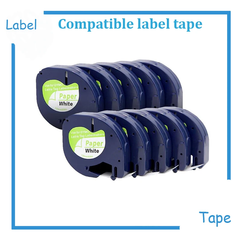 10PK 91200 91330 91220 59421 Compatible Dymo Letratag Tape 12mm Black on White Paper Label Ribbons for DYMO Letratag Printer