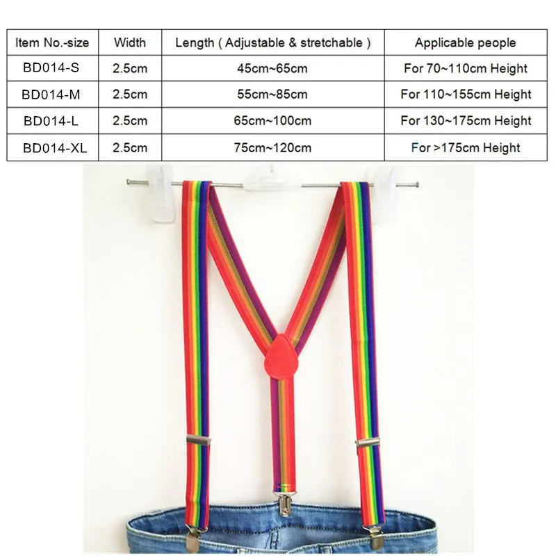 Unisex Rainbow Striped Suspenders Mens Adjustable Clip-on Y-back Suspender kids pants holder for wedding BD014