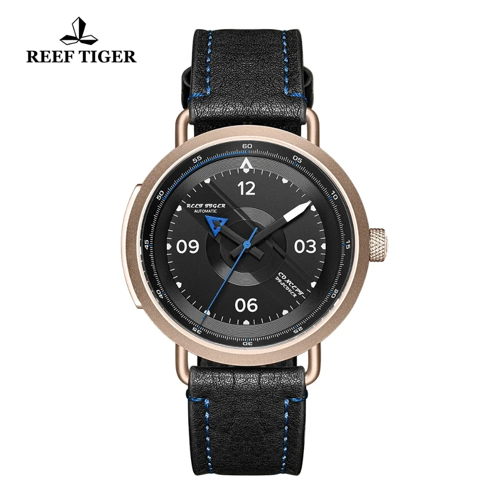 

Reef Tiger/RT Luxury Watches Men Black Dial Rose Gold Leather Strap Sport Watch Waterproof Automatic Watch reloj hombre RGA9055