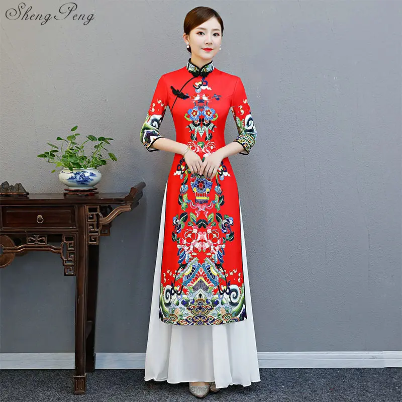 2019 New Vietnam ao dai vintage ethnic long gown women graceful clothing oriental dress improved cheongsam Q741