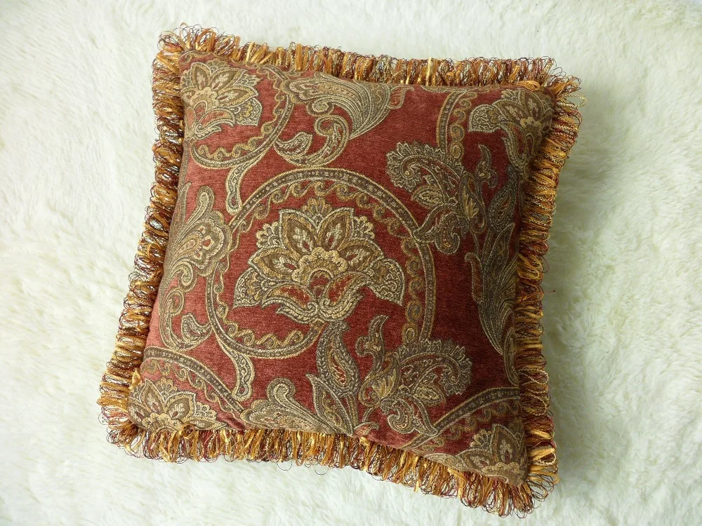 American Paisley Woven Classic Chenille Brick Red Pillow Cover Decorative Cushion Cover Square Pillow Case With Fringe 45x45cm