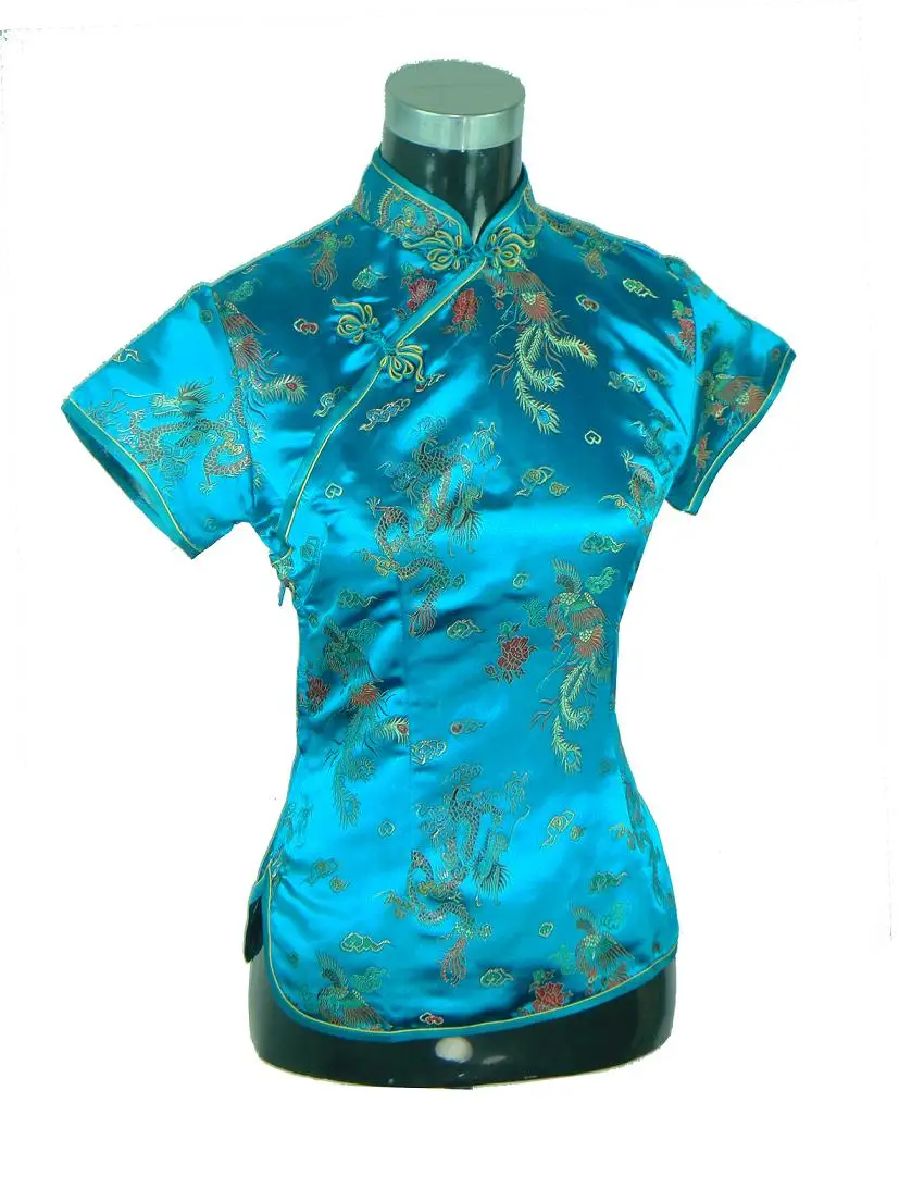 Summer Short Sleeve Red Women Shirt Tops Chinese Lady Traditional Satin Silk Blouse Novelty Dragon Clothing S M L XL XXL WS005