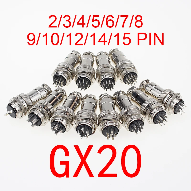 1set GX20 2/3/4/5/6/7/8/9/10/12/14/15 Pin Male + Female 20mm Circular Wire Panel Aviation Connector Socket Plug with Cap Lid