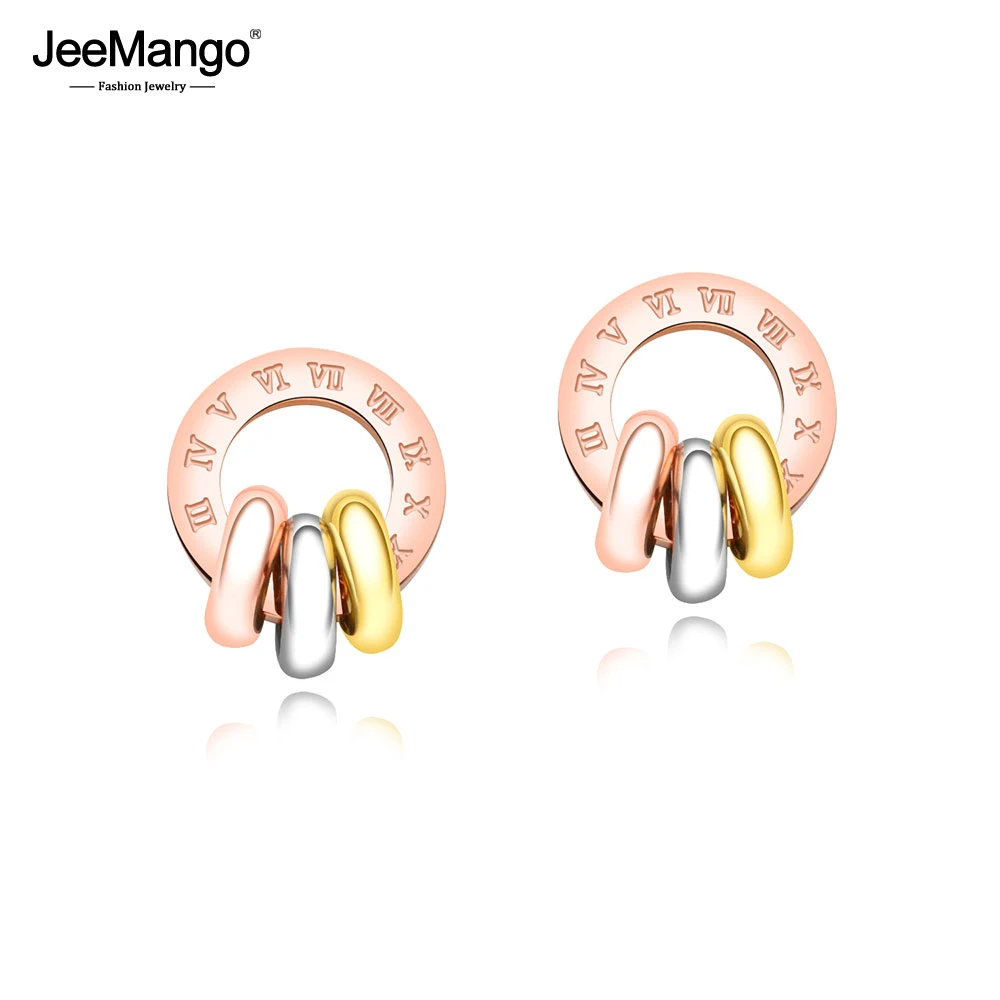 

JeeMango Three-color Circle Roman Numerals Circle Earrings For Women Titanium Steel Rose Gold Color Female Stud Earrings JE17091
