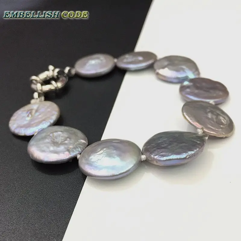 2018 baroque pearl bracelet Bangles gray colorful color flat round coin shape big size real freshwater pearls special for women view 2