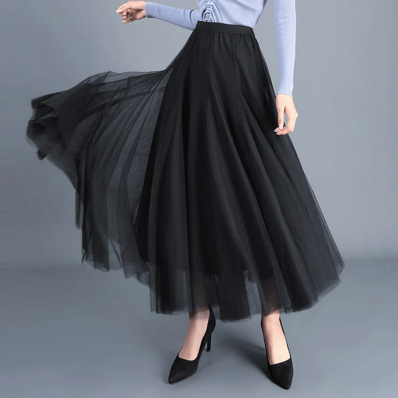 OHRYIYIE Beige Maxi Long Skirt Spring Autumn Womens 2023 New Summer Tulle Skirt Party Mesh A-line Skirts Female Jupe Longue