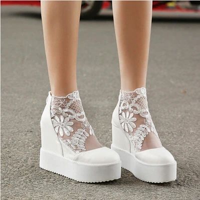 Fashion Sweet Lace Roman Shoes Women Wedge Heels White Black Platform Pumps High Heels Sandals