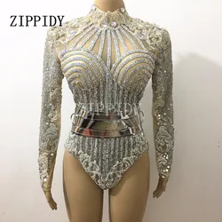 Silver Glisten Rhinestones Leotard long Sleeves Belt Outfit Performance Party Celebrate luxurious Costume Bodysuit Clothing