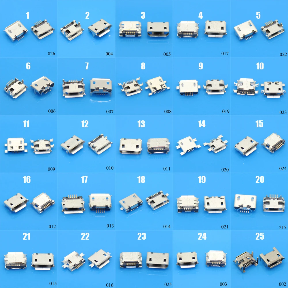 5 pinos conector micro usb, 25 modelos 25-100pcs, 5pin, porta fêmea, para samsung, lenovo, huawei, lenovo, meizu, xiaomi, oppo, vivo