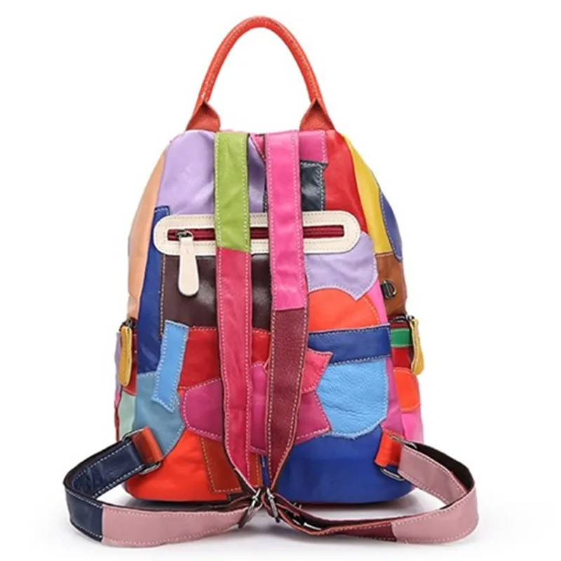 Mochila escolar de piel auténtica para mujer, bolso de hombro con costuras de color, a la moda, para adolescentes