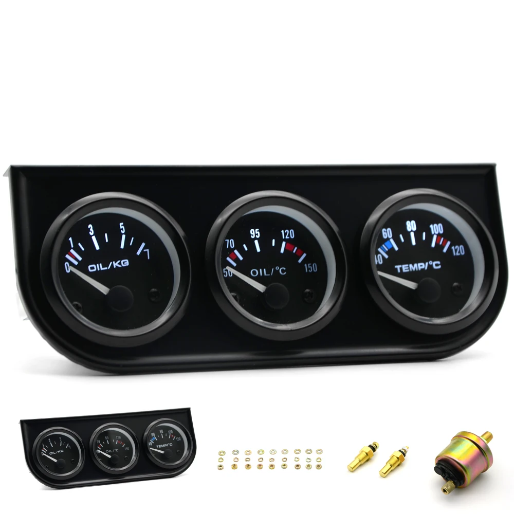 Water Temp Oil Temp Oil Pressure Gauge 52mm New 3 in 1 Triple Gauge Kit Black Color With Temp & Pressure Sensor