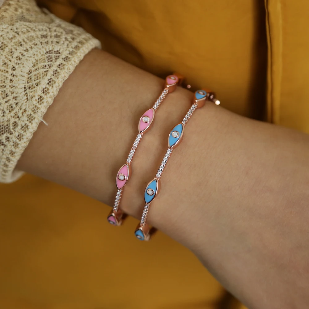 enamel blue pink enamel evil eye charm bangle cz band rose gold color Turkish lucky Boho Fashion bracelets