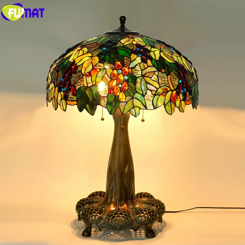 

FUMAT Tiffany Stained Glass Table Lamps Wisteria Grape Peach Morning Glory Dragonfly Pure Copper Frame Hand Craft Desk LED Light