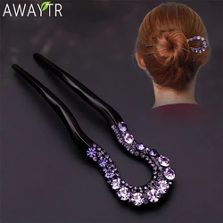 AWAYTR Vintage Hair Accessories Crystal Hairpins U-Shape Hair Stick Pin Women Rhinestone Flower Hairpin Hairclips Fashion Combs