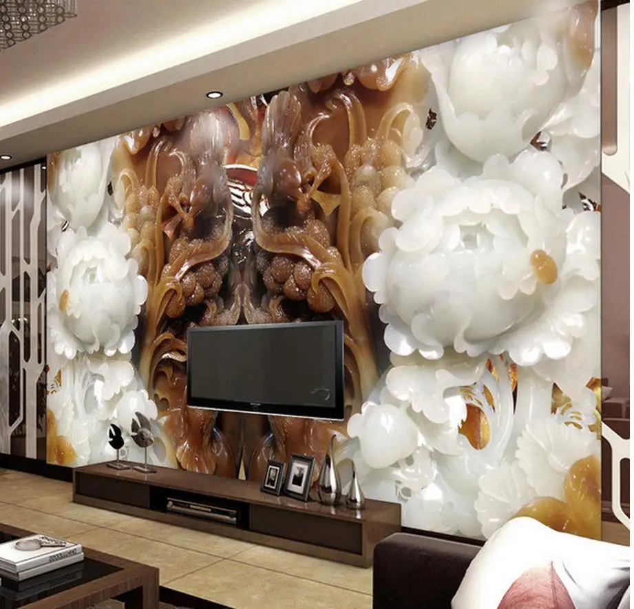 

3d wallpaper for room White peony jade carving background wall murals wall 3d wallpaper photo wallpaper for walls