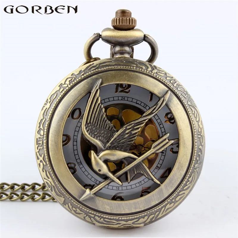 2023 New Arrival The Hunger Games Retro Bronze Hollow Quartz Pocket Watch Skeleton Bird Clock Pendant Gifts For Men Women Clock