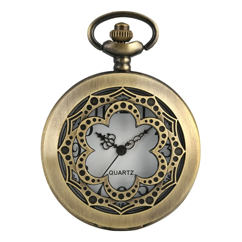 Reloj de bolsillo de cuarzo con forma de flor, colgante de cadena con campanas antiguas huecas y creativas, con esfera redonda