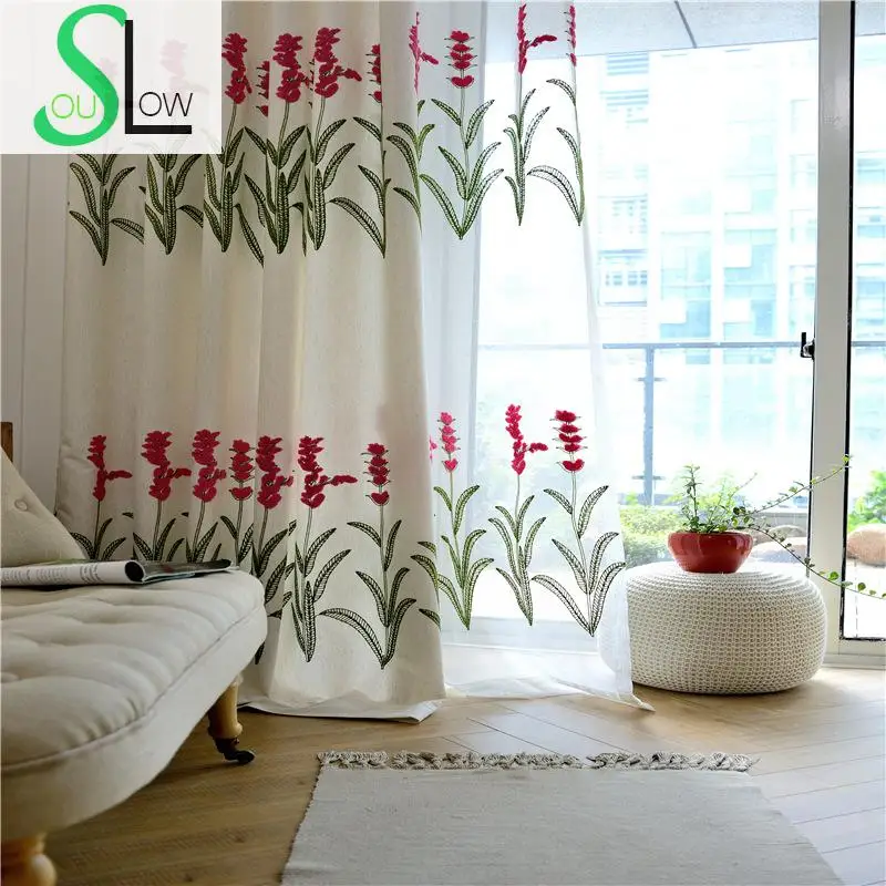 Slow Soul White Sky Blue Yellow Magnolia Curtain Room Curtains For Living Embroidered Floral Cortinas Tulle Kitchen Bedroom Baby