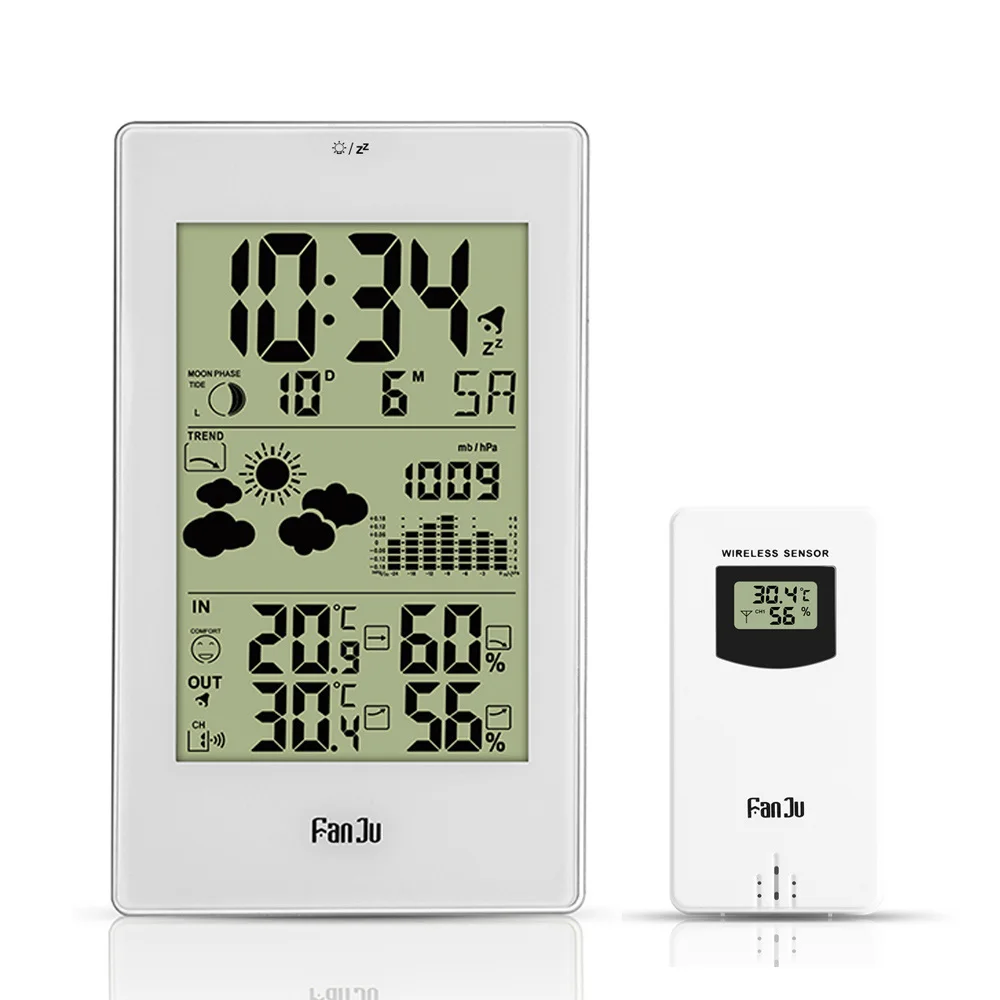 FanJu Digital Weather Station Wall Alarm Clock Thermometer Hygrometer Barometer Table Desk Morden Desgin Time Calendar Wireless