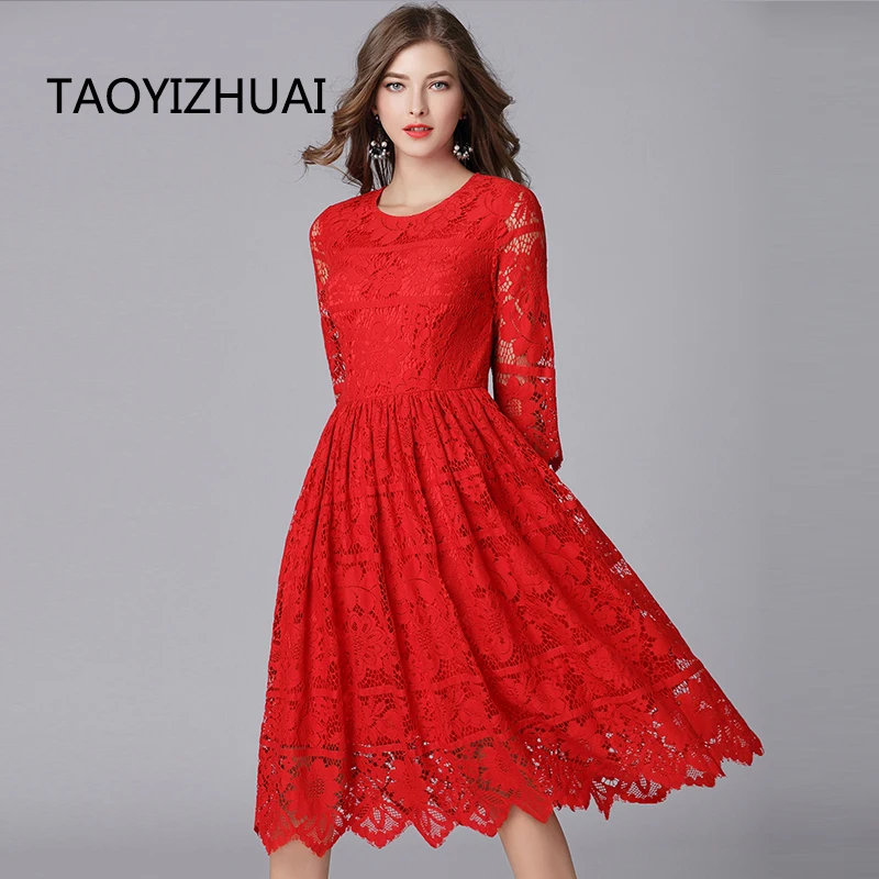 TAOYIZHUAI 2019 New Arrival Autumn Chinese Style Plus Size L A-Line Solid Red Holllow Out Women Long Lace Dress For Lady 14098