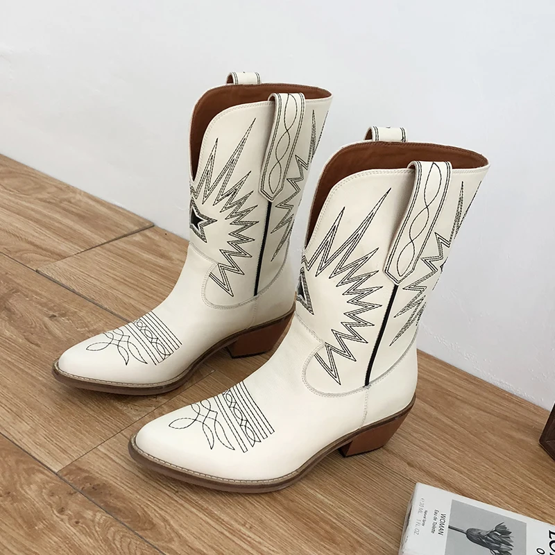 Buono Scarpe Embroider Women Boots Med Heels Retro Knight Boots Female Genuine Leather Botas Mujer Western Cowboy Sale Boots2019