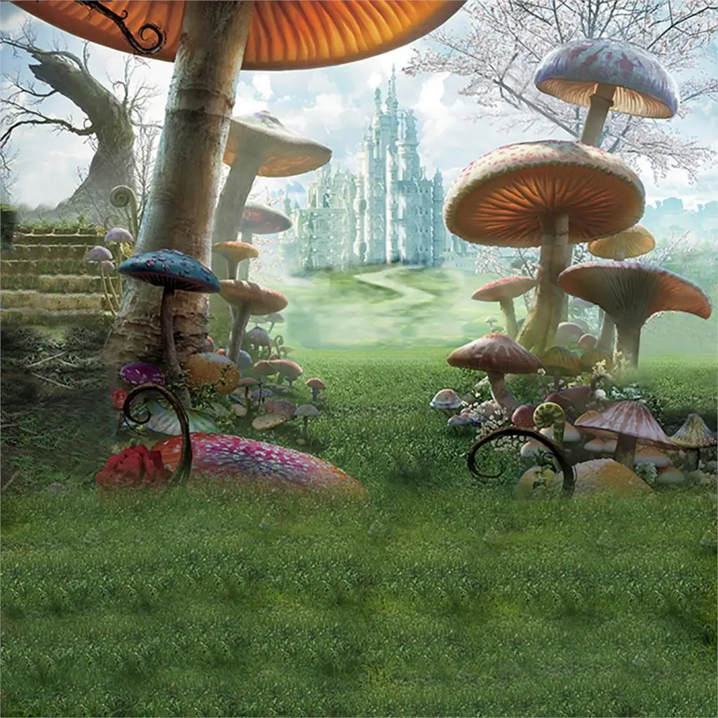 Allenjoy background for photos Alice Wonderland castle mushrooms children\'s photographic camera backdrop vinyl studio photophone