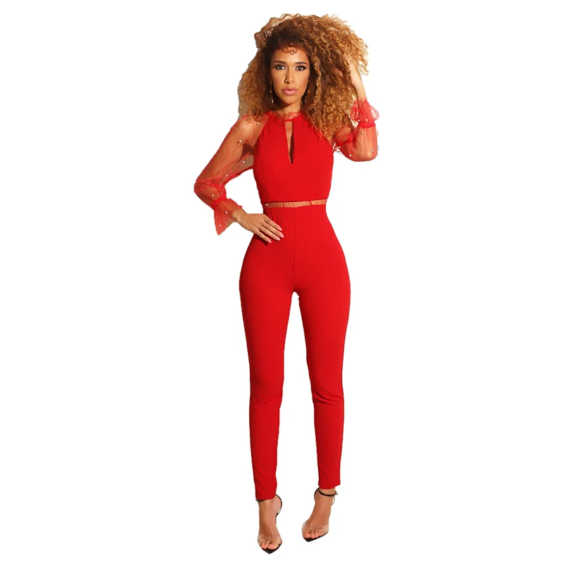 Beading Mesh Sheer2019 New Sexy Bodycon Jumpsuit Women Clothes Black Red Long Sleeve One Piece Rompers Playsuits Club Overalls