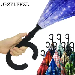 Hot C Handle Reverse Folding Umbrella Man Women Sun Rain Car Semi-automatic Umbrellas Double Layer Anti UV Self Stand Parapluie