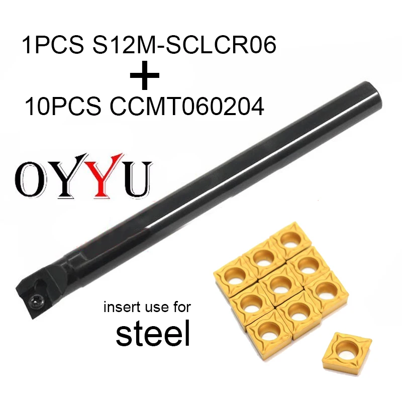 

OYYU S12K-SCLCR06 +10pcs CCMT060204 S12K SCLCR Carbide Inserts Processing Steel Turning Tool Holder Lathe Cutter CNC