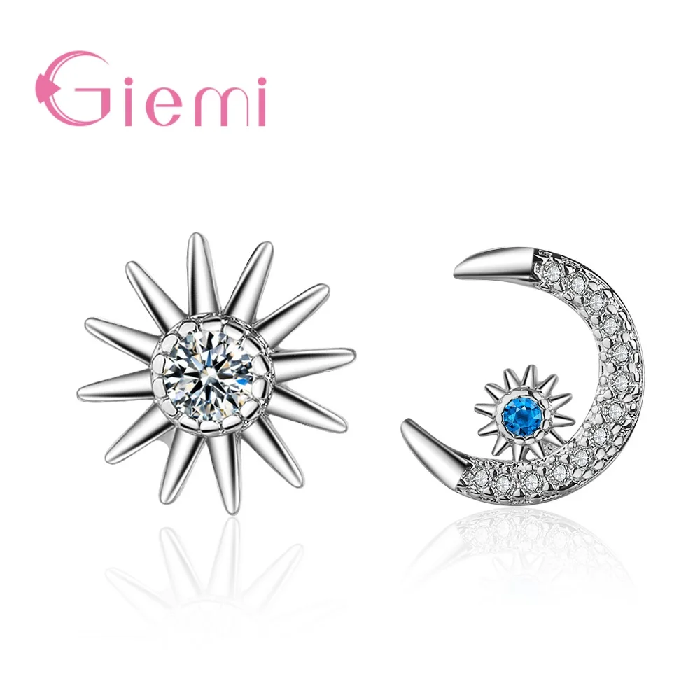 925 Simple Small Fashion Mutiple Asymmetrical Blue Crystal Moon Sun Mang Stars Cute Stud Earrings For Young Girls Women Jewelry