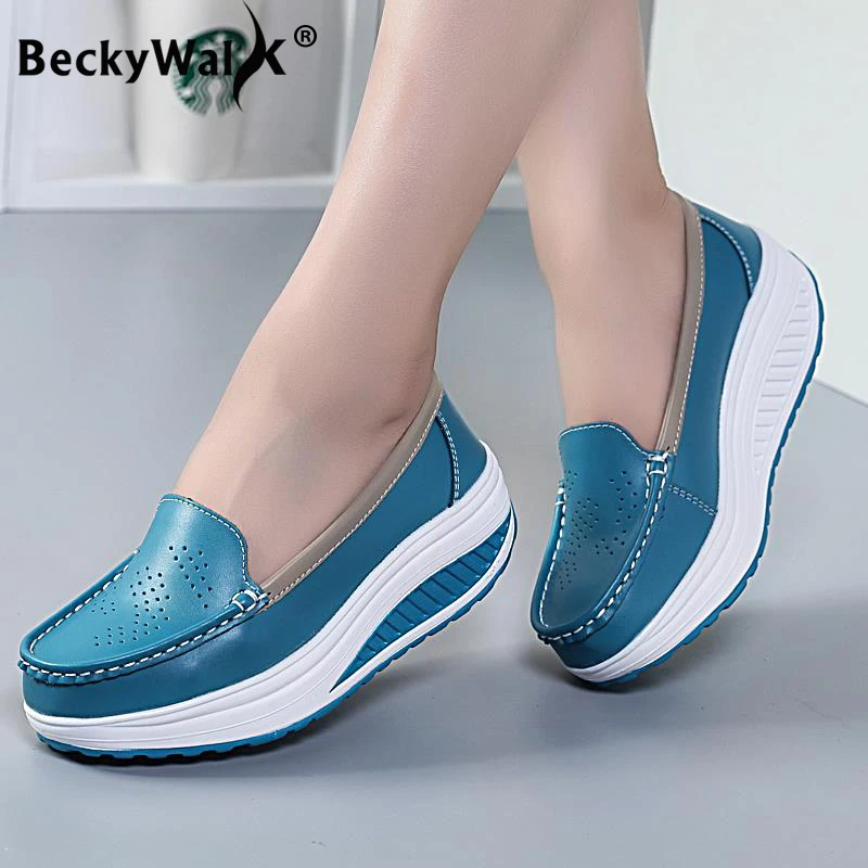 Spring Autumn Women Platform Loafers Shoes Ladies Genuine Leather Hollow Casual Shoes Woman Slip on Moccasins Creepers WSH3295