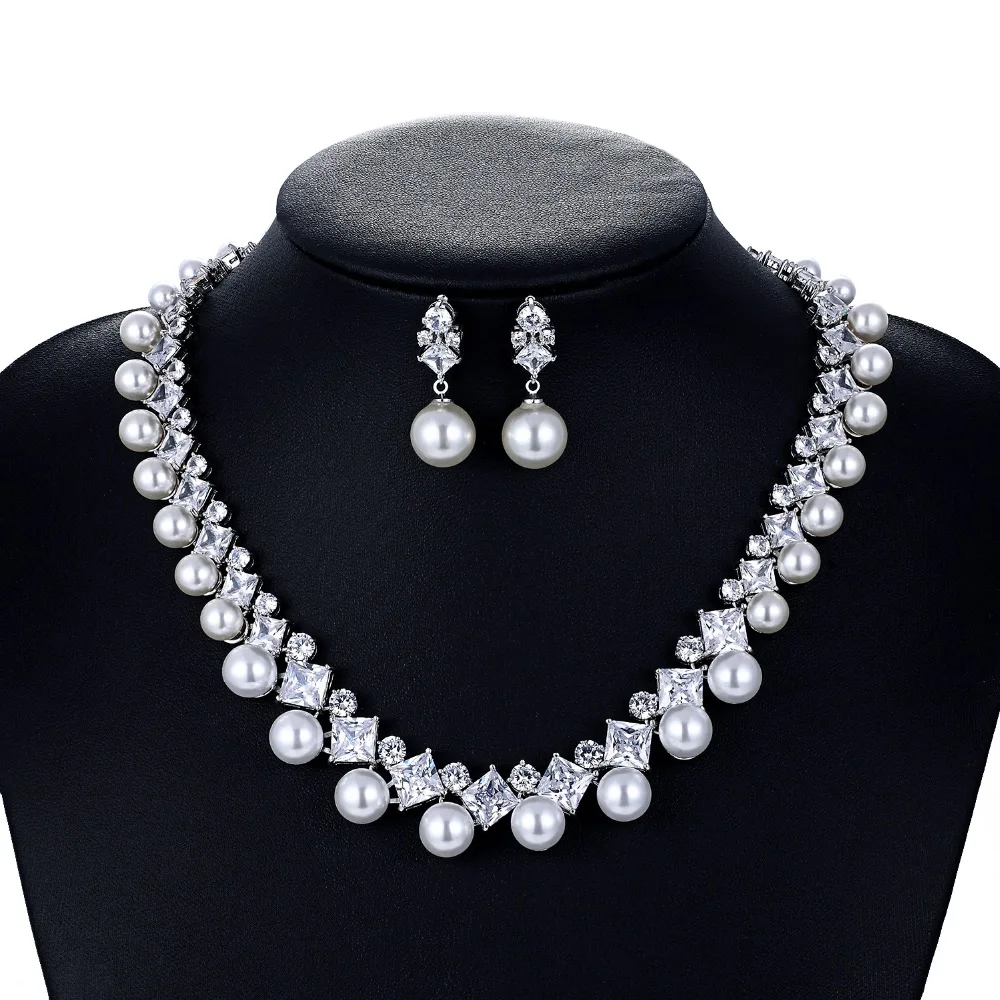 Crystal CZ Cubic Zirconia Bridal Wedding Pearl Necklace Earring Set Jewelry Sets for Women Accessories CN10130