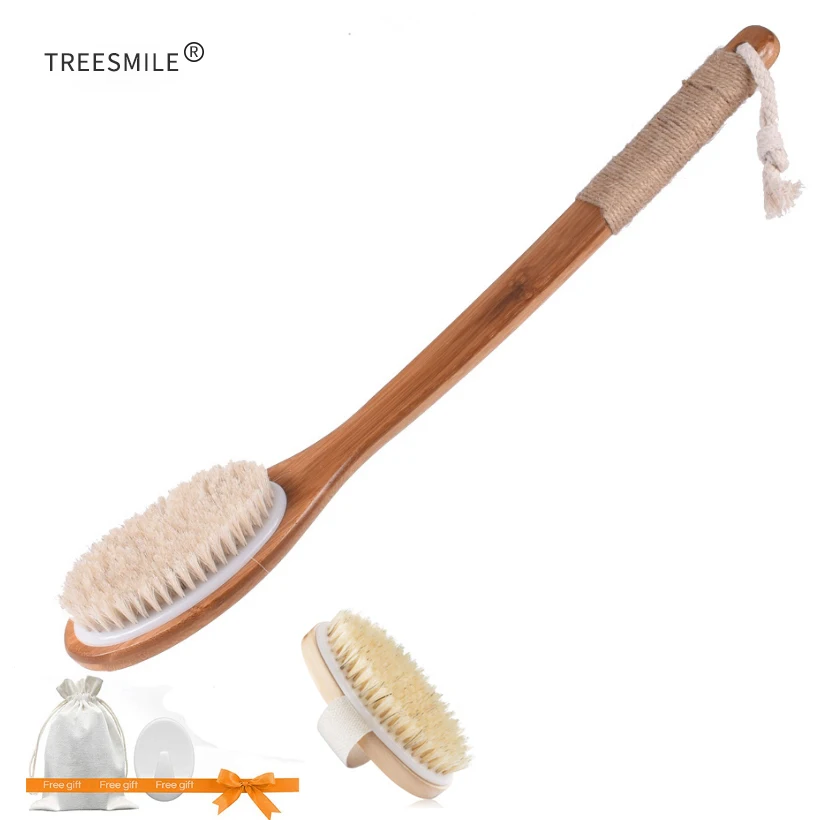 TREESMILE-cepillo de baño de cerdas naturales para mujer y hombre, cepillo exfoliante de madera para el cuidado de la piel, masaje corporal, ducha, D40