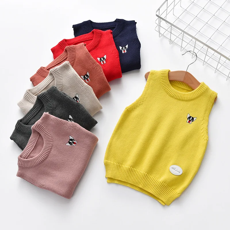 

Newborn Baby Sweater Cartoon Puppy Knitted Baby Vest For Boys&girls School Uniform Style Sweater Children's clothing