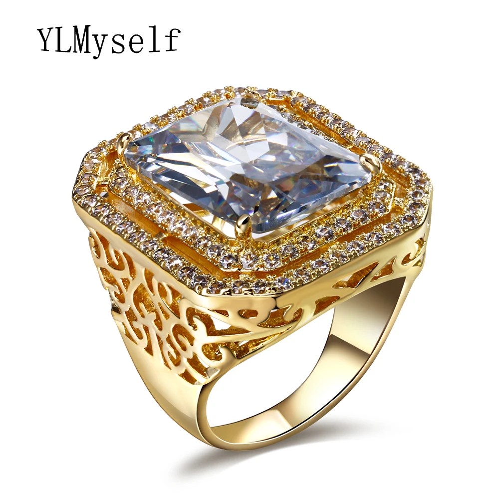 

Luxury Woman rings with large rectangle stone Yellow White plate Big design Trendy rings for party sale copper fashion jewelry