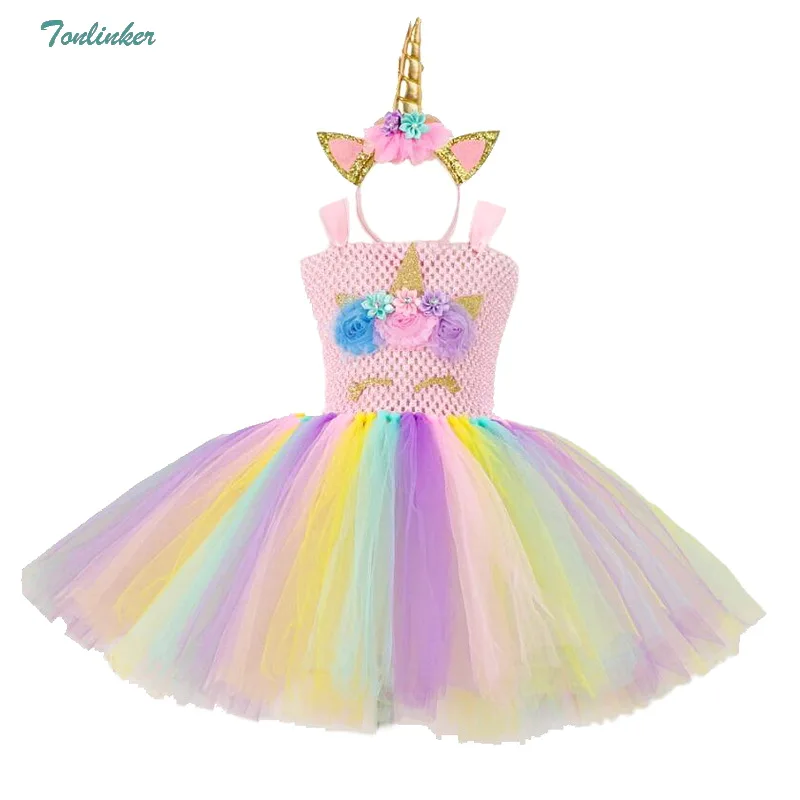 Girls Rainbow Unicorn Tutu Dress With Hair Hoop Wings Princess Flower Girl Party Dress Children Kids Halloween Unicorn Costume