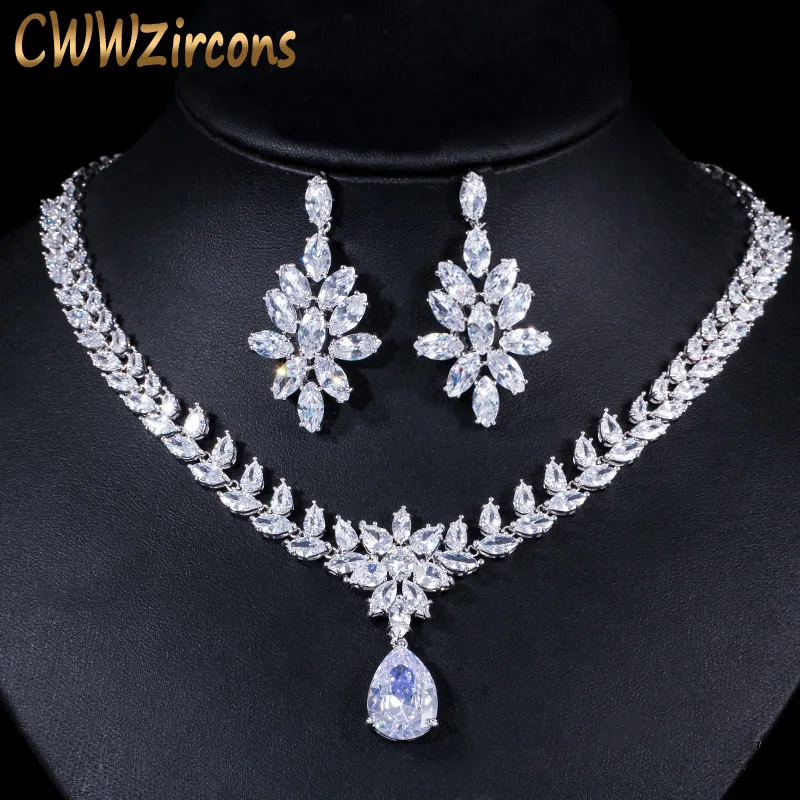 CWWZircons Leaf Shape Big Dangling Drop Cubic Zircon Wedding Costume Necklace Jewelry Set White Gold Color Bridal Jewellery T144